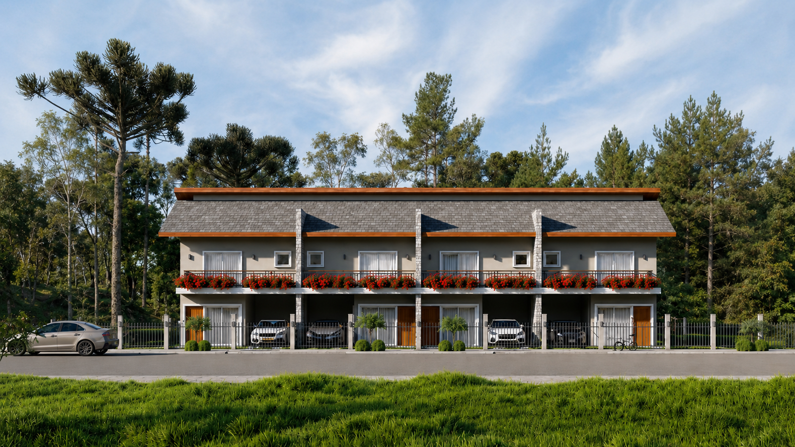 Projeto de edificação multifamiliar com sacadas e floreiras
